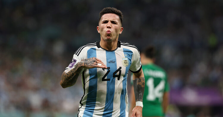 LUSAIL CITY, QATAR - NOVEMBER 26: Enzo Fernandez of Argentina celebrates after scoring their team's second goal during the FIFA World Cup Qatar 2022 Group C match between Argentina and Mexico at Lusail Stadium on November 26, 2022 in Lusail City, Qatar. (Photo by Dean Mouhtaropoulos/Getty Images)